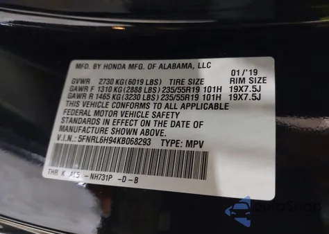 2019 Honda Odyssey Elite from USA, damaged, VIN 5FNRL6H94KB068293